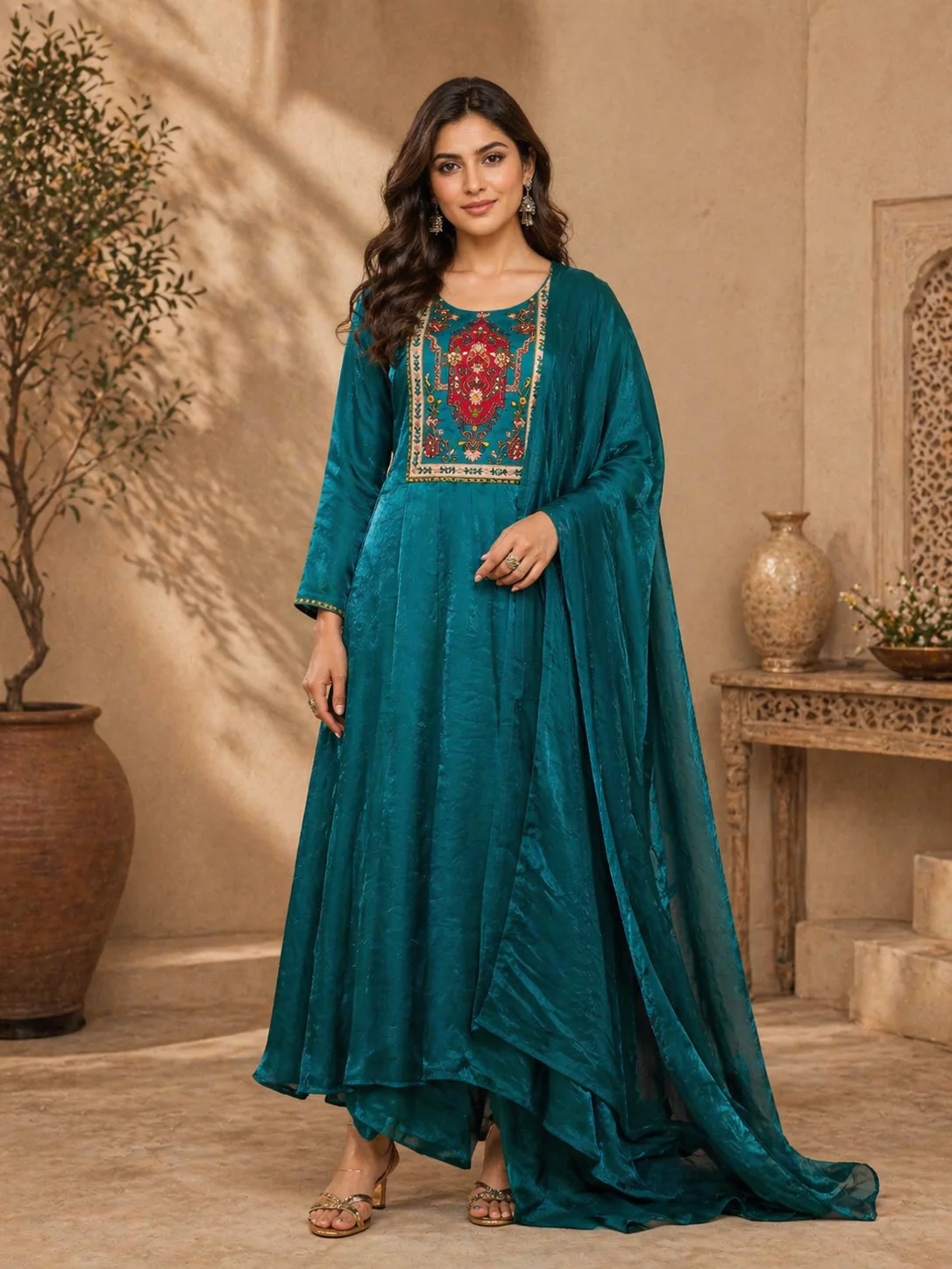 Green Floral Designed Semi Silk Anarkali Salwar Suit